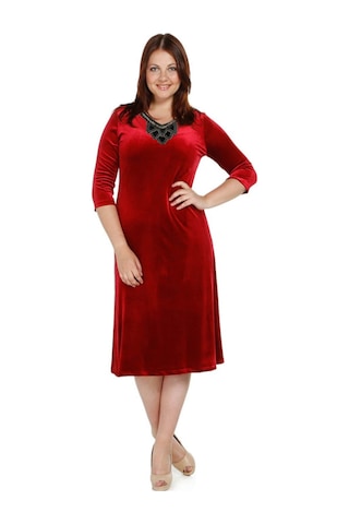 Nidya Moda Büyük Beden Hazır Yaka Elbise-4075K Kırmızı