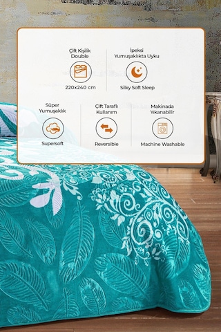 Evlen Home 4 Kg Battaniye Supersoft Embos Kalın Yumuşak Peluş Çift Kişilik Yumoş 220x240 Cm Elizya Turkuaz Turkuaz