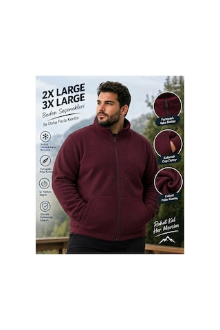 Givoria Büyük Beden Fermuarlı Polar Hırka Yumuşak Polar Ceket Bordo Bordo