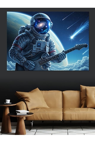 Ahşap Tablo Gitar Çalan Uzayda Bir Astronot Hayvan Tabloları