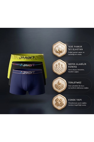 Jakoft Classic Pamuklu Erkek Boxer 3'lü Paket Siyah - Sarı - Lacivert