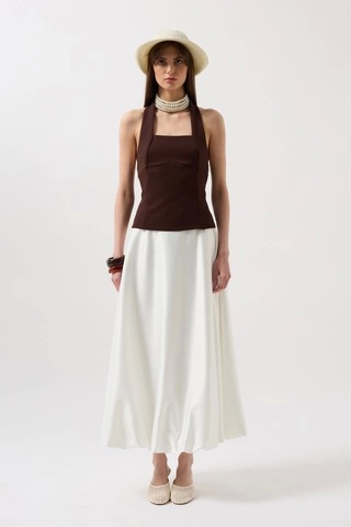 Defymoda Kalın Askılı Crop Bluz Kahverengi