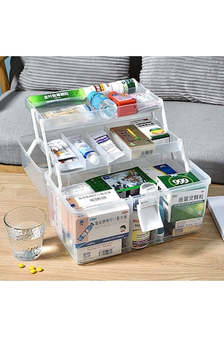 Symbee Büyük Kapasiteli Ev İçi İlaç Kutusu, Katlı Taşınabilir Plastik İlaç Saklama Kutusu, Beyaz Büyük Boy, Taşıma Koluyla Beyaz