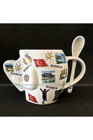 Bodrum Ege Yöresel Desenli Kaşıklı Porselen Kalpli Bardak Kupa