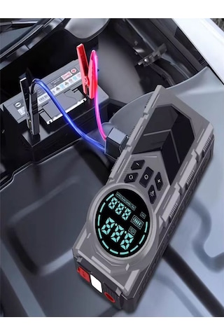8000mah Dijital Ekranlı Araba Akü Takviye'li Kompresör Araç Lastik Şişirme Hava Pompası - 150psı Siyah