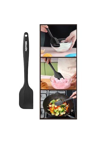 Silicolife Büyük Spatula, Isıya Dayanıklı Yanmaz Yapışmaz Tek Parça Silikon Spatula 26cm Siyah Siyah