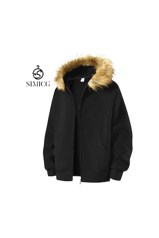 Erkek Sonbahar Ve Kış Suni Kürk Yaka Fermuarlı Sweatshirt Ceket Siyah