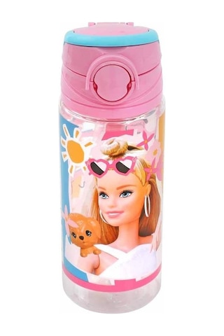 Pembe Barbie Şeffaf Matara 500ml - Çocuk Suluk, Matara, Suluk Pipetli Suluk, Askılı Suluk