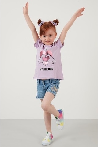 Lela Baskılı Bisiklet Yaka Pamuklu Kız Çocuk T Shirt 6211027 Lila
