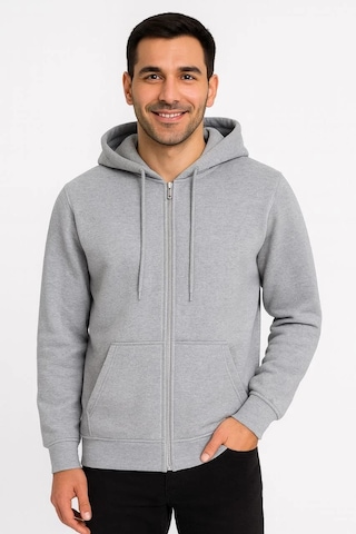 Erkek Üç İplik Kapüşonlu Tam Fermuarlı Kanguru Çepli Sweatshirt Hoodie - Gri Gri