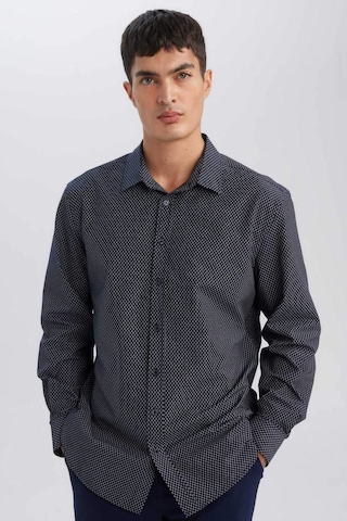 DeFacto Modern Fit Modern Kesim Poplin Desenli Pamuk Karışımlı Uzun Kollu Gömlek D3377AX24AUNV82 Lacivert