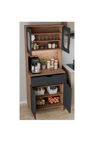 Ae-9001 Barista Atlantik Çam/antrasit Çok Amaçlı Kahve Köşesi Mutfak Kiler Dolabı Cam Kapaklı Ledli Çekmeceli 79,6 X 40 X 195,8 Cm Atlantik Çam - Antrasit