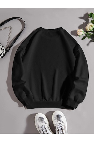 Wiley Baskılı Sweatshirt - Siyah Bisiklet Yaka Oversize Tasarım Trend Siyah