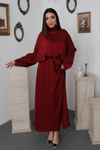 Maximodena Bordo Jakarlı Saten Elbise - Bordo