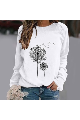 Kadın Uzun Kollu Bisiklet Yaka Çiçek Desenli Viskon Bluz Beyaz