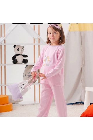 Unicorn Desenli Çanta Ve Maskeli % 100 Pamuk Kız Çocuk Pijama Takımı Pembe