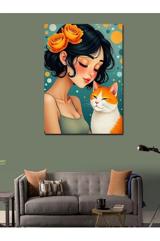 Kanvas Tablo Kedi Ve Şefkatli Kadın 100cmx140cm