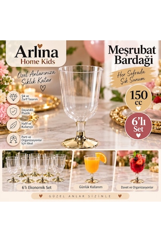 150cc 6'lı Gold Ayaklı Plastik Meşrubat Bardağı Beyaz