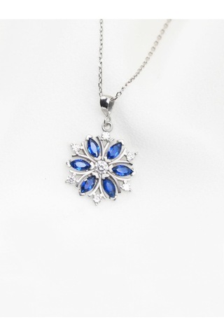 Brezza Lusso Jewelry Pırlanta Model Kar Tanesi Safir Taşlı Kadın Gümüş Kolye 45 CM