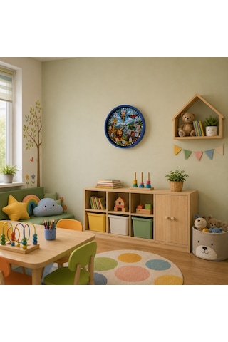 Orman Macerası 36 X 36 Cm Mavi Çocuk Duvar Saati Renkli