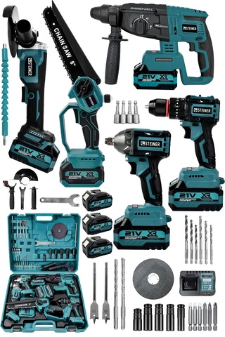 Steiner 21v Darbeli Kömürsüz 5'li Set Kırıcı Delici Hilti - Somun Sıkma Sökme - Testere - Matkap - Vidalama Mavi