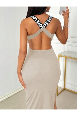Kadın Yuvarlak Yaka Sırttan Çapraz Şerit Love Detaylı Yırtmaçlı Viskon Elbise Bej