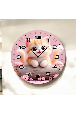 Kedi Renkli Baskı Çocuk Odası Desenli Sayılı Hediyelik Ahşap Sessiz Duvar Saati 50cm ÇOk Renkli