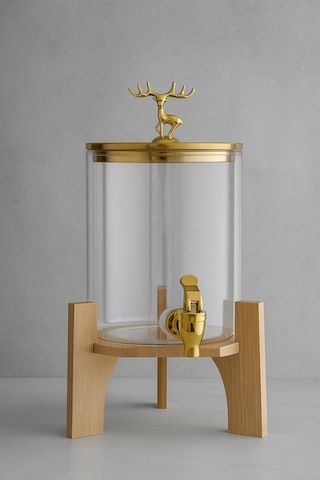 Qerhome Geyik Detaylı Bambu Standlı Şeffaf Cam Musluklu Şerbet- Meyve Suyu Içecek- Su Sebili 3,5 Lt