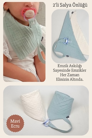 2'li %100 Pamuk 8 Katlı Müslin Emzik Askılıklı Kız Erkek Bebek Salya Ve Mama Önlüğü Mavi Ekru Ekru - Mavi