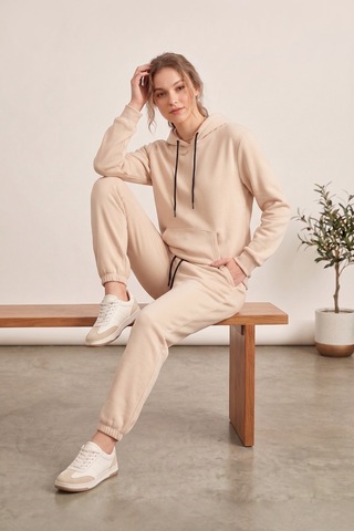 Moibody Kadın 3 İplik Şardonlu Eşofman Takımı Premium Kapüşonlu Sweatshirt Ve Jogger Alt Krem Krem