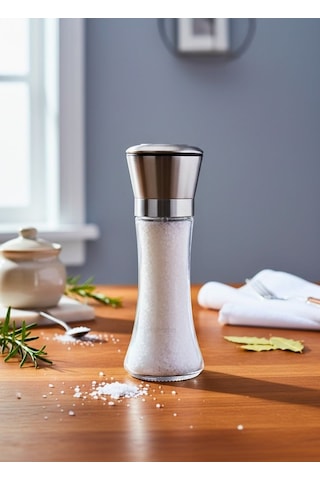 Lüks Çelik Kapaklı Cam Tuz Ve Karabiber Değirmeni 19 Cm Modern Baharat Öğütücü Şeffaf