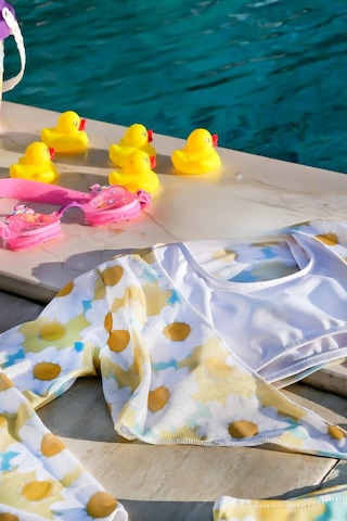 Mayom Kız Çocuk Papatya Desenli Pareolu Bikini Takımı 3'lü Set-sarı-beyaz Beyaz - Sarı