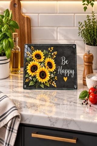 Gökçeoğlu Cam Kesme Tahtası Sarı Ayçiçekli Siyah Zeminli Be Happy Temalı - Cam Kesme Tablası 20cm X 30cm Çok Renkli