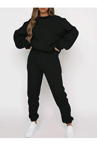 Düz Kalın Kışlık Eşofman Takımı - Siyah Sweatshirt Jogger Oversize Sıfır Yaka Siyah