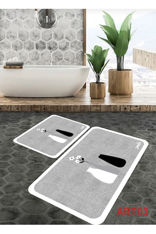 Eco Concept Banyo Paspası, Kaymaz Taban, Çiçek Desenli, Klozet Ta Gri - Beyaz