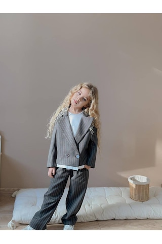 Miniko Kids Kız Çocuk Poliviskon Çizgili Blazer Ceket Pantolon Dokuma Kumaş Takım Füme