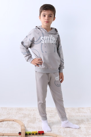 Erkek Çocuk Kapşonlu Eşofman Takımı Smile Baskılı Ribanalı F11 Gri