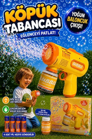 Pilli Işıklı Köpük Tabancası Baloncuk Tabancası Piller ve Baloncuk Likidi Hediyeli