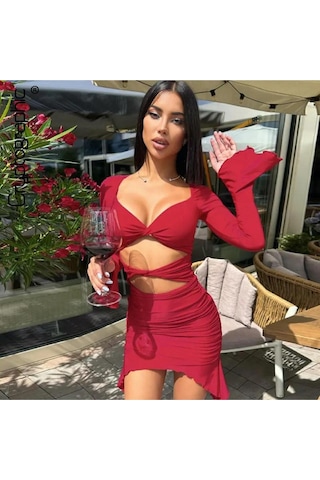 Pink Life Flare Kollu Seksi Bodycon Kırmızı Mini Elbise
