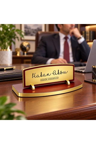 Bk Gift Kişiye Özel Ahşap Masa İsimliği Gold Plakalı Bk27 -1 Çok Renkli