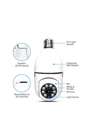 Ampul Güvenlik Kamerası, 360 Derece Döndürme/eğme Panoramik Ip Kamera, 2,4 Ghz Wifi 1080 Alarmlı Güvenlik & CCTV Kamerası 57946713
