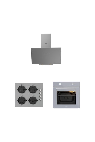 Silverline 3481 Davlumbaz - CS5335S01 Ocak- Esty AEF6601S04 Firin Karma Ankastre Gri Cam Set