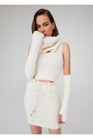 Peraluna Saç Örgü Desenli Kadın Triko Etek Ekru