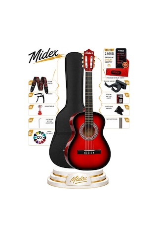 Midex Cg-36rd-pak Kaliteli 36 İnç 3/4 Juniur Çocuk Gitarı 8-12 Yaş Arası Tuner Çanta Capo Askı Nota Sticker Pena Metod