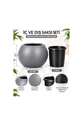 Büyük Boy Gri Yuvarlak Saksı Modern Dekoratif İç Dış Mekan Bitki Saksısı İç Saksılı -