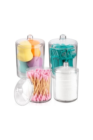 Qtip Tutucu, Makyaj Makyaj Düzenleyici Depolama, Kapaklı Şeffaf Plastik Eczacı Kavanozları, Banyo Pamuklu Çubuk Dispenseri, 2x10oz Ve 2x7oz, 4'lü Paket, Kahverengi Ahşap Kapaklar,