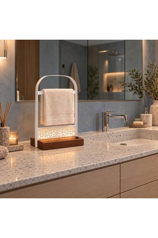 Pilli Led Işıklı El Havluluğu, Ahşap Tabanlı Ayaklı Banyo Havlu Standı Beyaz