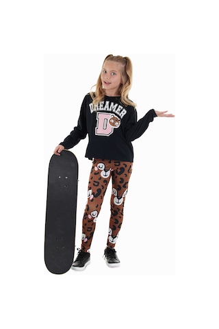 Denokids Leopar Kız Çocuk T-shirt Tayt Takım Renkli