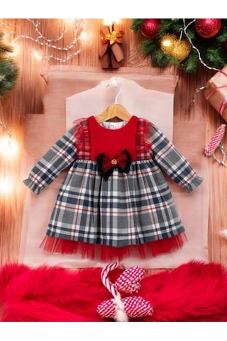 Cantoy Kız Bebek Ekose Desenli Kırmızı Tasarım Elbise-15219 Kırmızı