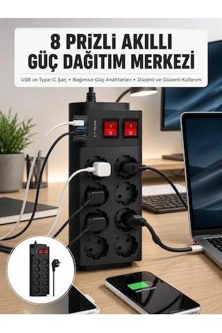 Mey Najmaddin 2 Metre Güçlü Çoklu Priz 8 Soket Yeni Nesil Najmaddin Belirtilmemiş